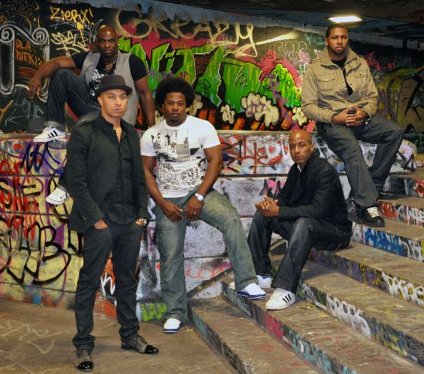 Damage. L-R: Noel Simpson, Jade Jones, Andre Harriott, Coree Richards and Rahsaan J Bromfield