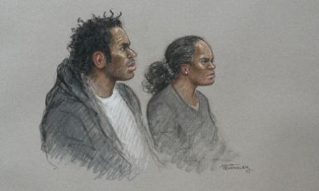 Artist drawing of Eric Bikubi and Magalie Bamu in court. Photograph by Julia Quenzler/Central News
