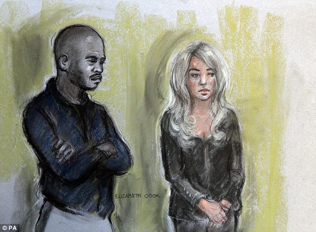 Court sketch of Michael Coombs and Tulisa Contostavlos standing in the dock.