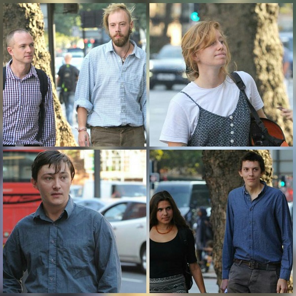 Protesters: Sam Lund-Harket and organic farmer William Pettifer, Film student Esme Waldron, Sama Baka, who lives on a houseboat, and actor Richard Collett-White and Activist Alex Etchart (photo credit Kerry Davies/Daily Mail)
